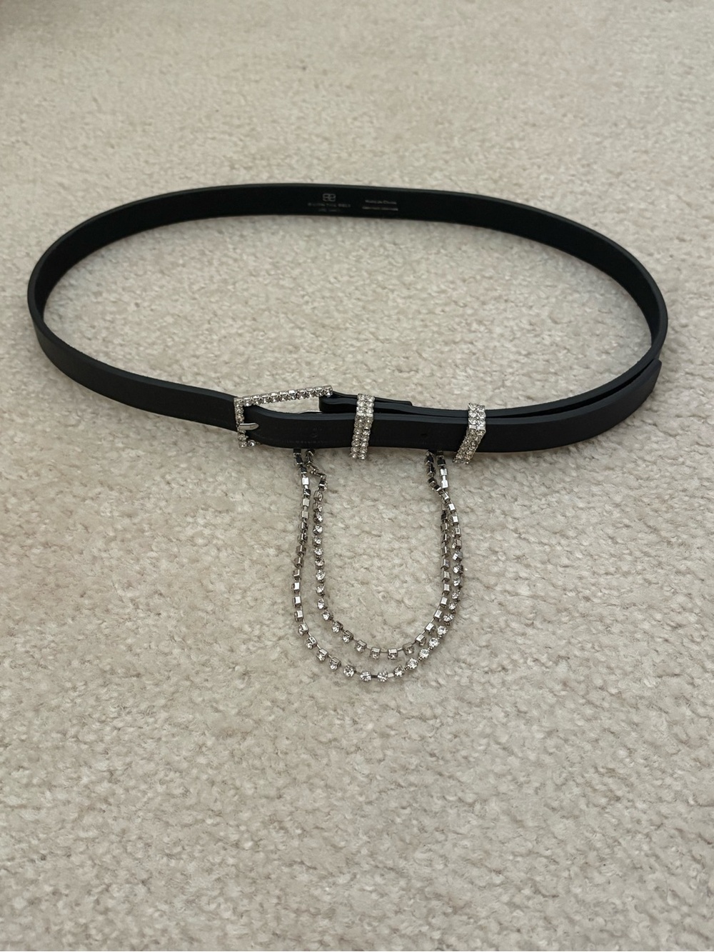 B-Low the Belt Black Leather Belt with Rhinestone Buckle and Crystal Tassel